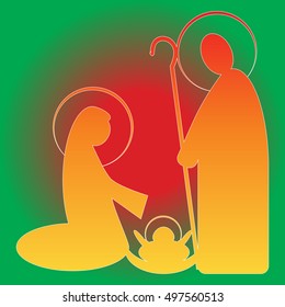 Christmas nativity religious Bethlehem crib scene silhouette, with Holy family of Mary, Joseph and baby Jesus. Simple holiday vector illustration.