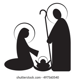 Christmas Nativity Religious Bethlehem Crib Scene Silhouette, With Holy Family Of Mary, Joseph And Baby Jesus. Simple Holiday Vector Illustration.