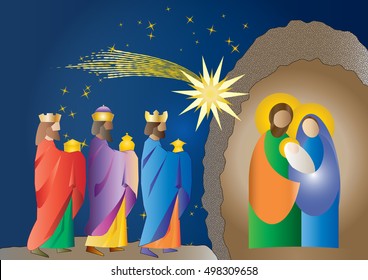 Christmas nativity religious Bethlehem crib scene, with Holy family of Mary, Joseph and baby Jesus and three wise men.holiday background, illustration.