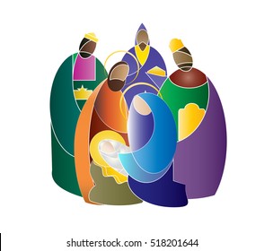 Christmas nativity religious Bethlehem crib scene, with Holy family of Mary, Joseph and baby Jesus and three wise men. holiday background, illustration.