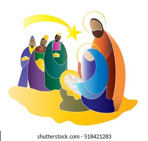 Christmas nativity religious Bethlehem crib scene, with Holy family of Mary, Joseph and baby Jesus and three wise men. holiday background, illustration.