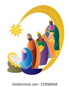 Christmas nativity religious Bethlehem crib scene, with Holy family of Mary, Joseph and baby Jesus and three wise men. holiday background, illustration.