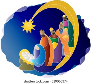 Christmas nativity religious Bethlehem crib scene, with Holy family of Mary, Joseph and baby Jesus and three wise men. holiday background, illustration.