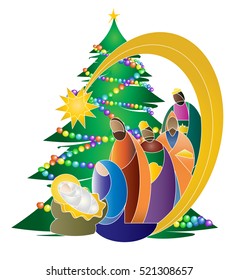 Christmas nativity religious Bethlehem crib scene, with Holy family of Mary, Joseph and baby Jesus and three wise men and Christmas tree. holiday background, illustration.