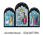 Christmas nativity religious church stained glass window illustration with the Holy family of Mary, Joseph and baby child Jesus, color vector abstract artistic illustration