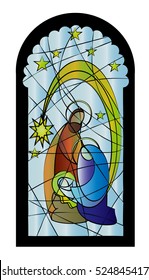 Christmas nativity religious church stained glass window illustration with the Holy family of Mary, Joseph and baby child Jesus, color vector abstract artistic illustration