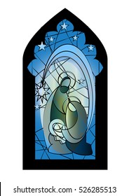 Christmas nativity religious church stained glass window illustration with the Holy family of Mary, Joseph and baby child Jesus, color vector abstract artistic illustration