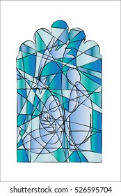 Christmas nativity religious church stained glass window illustration with the Holy family of Mary, Joseph and baby child Jesus, color vector abstract artistic illustration