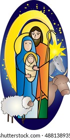 Christmas nativity religious color vector illustration. Holy Family Jesus Mary and Joseph, with Bethlehem star and crib animals a sheep, an ox and a donkey. 