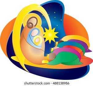 Christmas nativity religious color vector illustration. Holy Family Jesus Mary and Joseph, with Bethlehem star and three kings or magi adoration