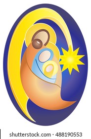 Christmas nativity religious color vector illustration. Holy Family Jesus Mary and Joseph, with Bethlehem star in an dark oval shape night sky