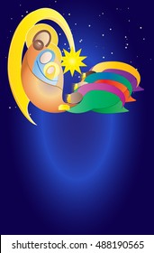 Christmas nativity religious color vector illustration. Holy Family Jesus Mary and Joseph, with Bethlehem star and three kings or magi in adoration bringing gifts, with copy space for text