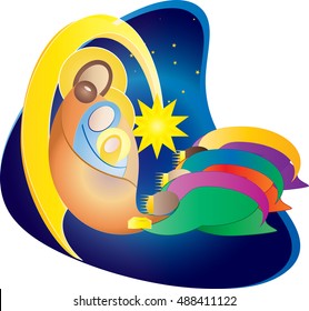 Christmas nativity religious color vector illustration. Holy Family Jesus Mary and Joseph, with Bethlehem star and three kings or magi in adoration bringing gifts