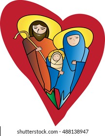 Christmas nativity religious Holy family scene, in a red heart, Joseph, Mary and baby child Jesus. Modern simple color vector illustration.