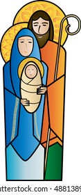 Christmas nativity religious Holy family scene, Joseph, Mary and baby child Jesus. Modern simple color vector illustration.