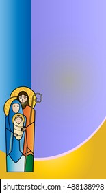 Christmas nativity religious Holy family scene, Joseph, Mary and baby child Jesus. Modern simple color vector illustration, background with copy space for text.