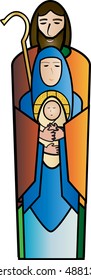 Christmas nativity religious Holy family scene, Joseph, Mary and baby child Jesus. Modern simple color vector illustration.