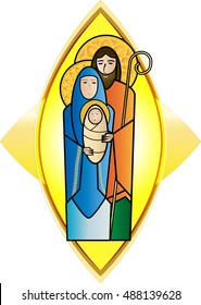 Christmas nativity religious Holy family scene, Joseph, Mary and baby child Jesus in a light mandorla. Modern simple color vector illustration.