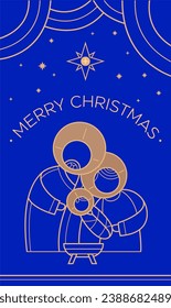 christmas nativity religious scene holy family jesus mary and joseph with bethlehem star in a starry night background. Linear stylized vector illustration
