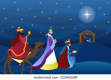Christmas Nativity Scene. The adoration of Three Wise Men. Greeting card banner background.