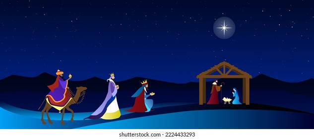 Christmas Nativity Scene. The adoration of Three Wise Men in the desert. Greeting card banner background.