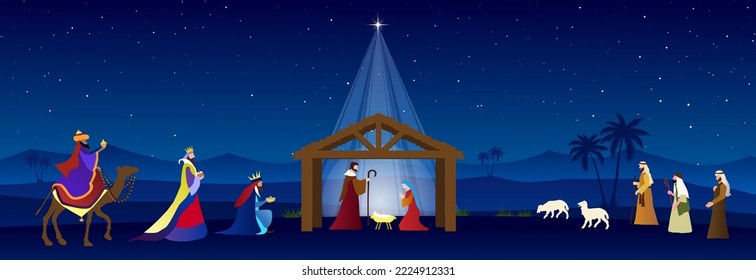 Christmas Nativity Scene. The adoration of Three Wise Men and shepherds. Greeting card banner background.