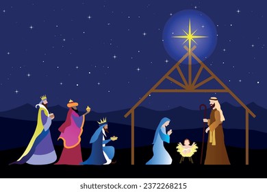 Christmas Nativity Scene: The Adoration of Three Wise Men.