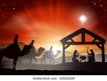 Christmas Nativity Scene With Baby Jesus In The Manger In Silhouette, Three Wise Men Or Kings And Star Of Bethlehem