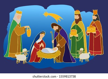 Christmas nativity scene with baby Jesus, Mary and Joseph in the manger with lambs. Three wise kings arrives with divine gifts. Star of Bethlehem. Christian vector illustration.