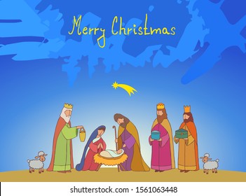Christmas nativity scene with baby Jesus, Mary and Joseph in the manger with lambs. Three wise kings arrives with divine gifts. Star of Bethlehem. Christian vector illustration.