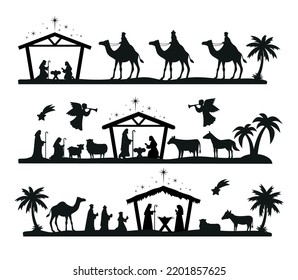 Christmas nativity scene with baby Jesus, Mary and Joseph in the manger.Traditional christian christmas story. Vector illustration for children.