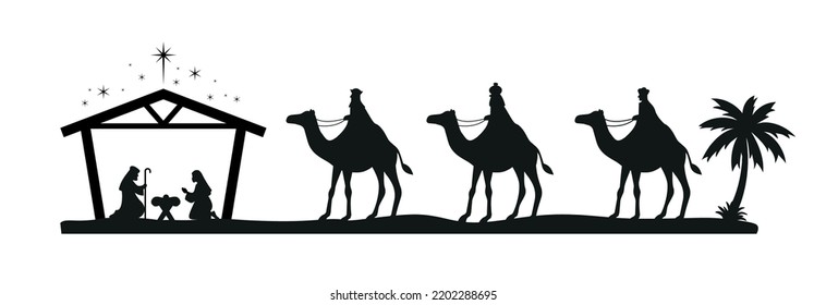 Christmas nativity scene with baby Jesus, Mary and Joseph in the manger.Traditional christian christmas story. Vector illustration for children.