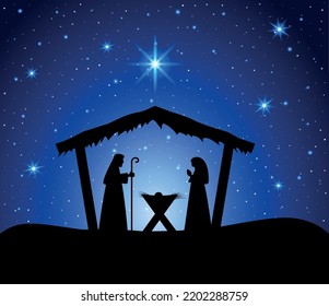 Christmas nativity scene with baby Jesus, Mary and Joseph in the manger.Traditional christian christmas story. Vector illustration for children.