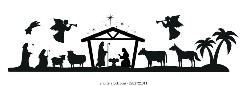 Christmas nativity scene with baby Jesus, Mary and Joseph in the manger.Traditional christian christmas story. Vector illustration for children.