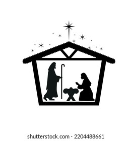 Christmas nativity scene with baby Jesus, Mary and Joseph in the manger.Traditional christian christmas story. Vector illustration for children.