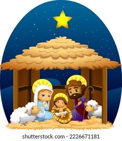 Christmas Nativity Scene With Baby Jesus, Mary, And Joseph. Vector Flat Design Illustration With Background And Animals