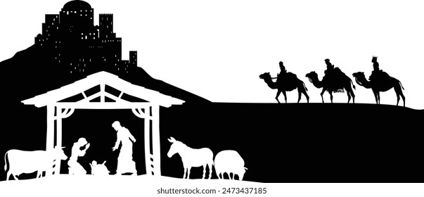 A Christmas nativity scene with baby Jesus in the manger, wise men and city of Bethlehem in the background