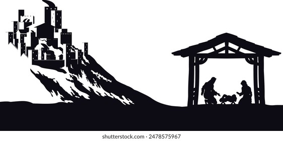 A Christmas nativity scene with baby Jesus in the manger, wise men and city of Bethlehem in the background
