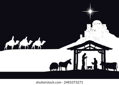 A Christmas nativity scene with baby Jesus in the manger, wise men and city of Bethlehem in the background