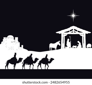 A Christmas nativity scene with baby Jesus in the manger, wise men and city of Bethlehem in the background