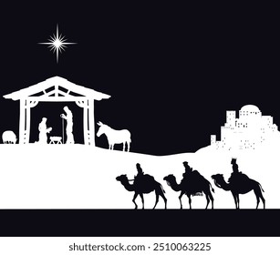 Um presépio de Natal com o bebê Jesus na manjedoura, sábios e cidade de Belém ao fundo