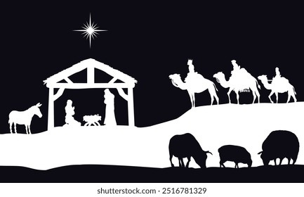 A Christmas nativity scene with baby Jesus in the manger and wise men 