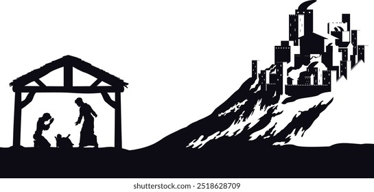 A Christmas nativity scene with baby Jesus in the manger, wise men and city of Bethlehem in the background