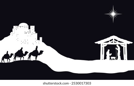 A Christmas nativity scene with baby Jesus in the manger, wise men and city of Bethlehem in the background