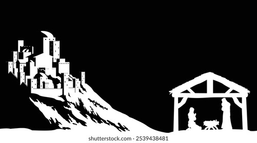 A Christmas nativity scene with baby Jesus in the manger and the city of Bethlehem in the background