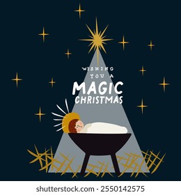 Christmas nativity scene with baby Jesus Christ on a black background. Birth of Savior. Holy Night. Vector illustration in cartoon flat style for Xmas holiday design, decor, postcards