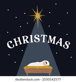 Christmas nativity scene with baby Jesus Christ on a black background. Birth of Savior. Holy Night. Vector illustration in cartoon flat style for Xmas holiday design, decor, postcards