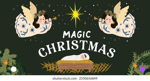 Christmas nativity scene with baby Jesus Christ and little angels. Birth of Savior. Holy Night. Vector illustration in cartoon flat style for Xmas holiday design, decor, postcards