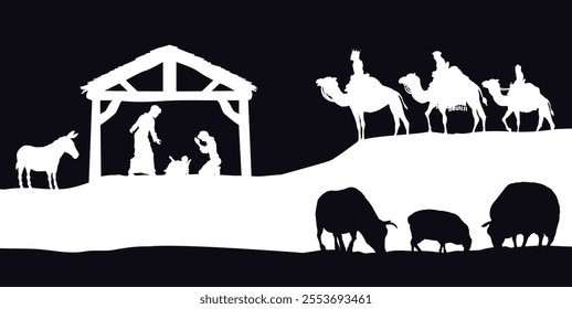 A Christmas nativity scene with baby Jesus in the manger and wise men 