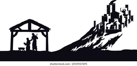 A Christmas nativity scene with baby Jesus in the manger, wise men and city of Bethlehem in the background